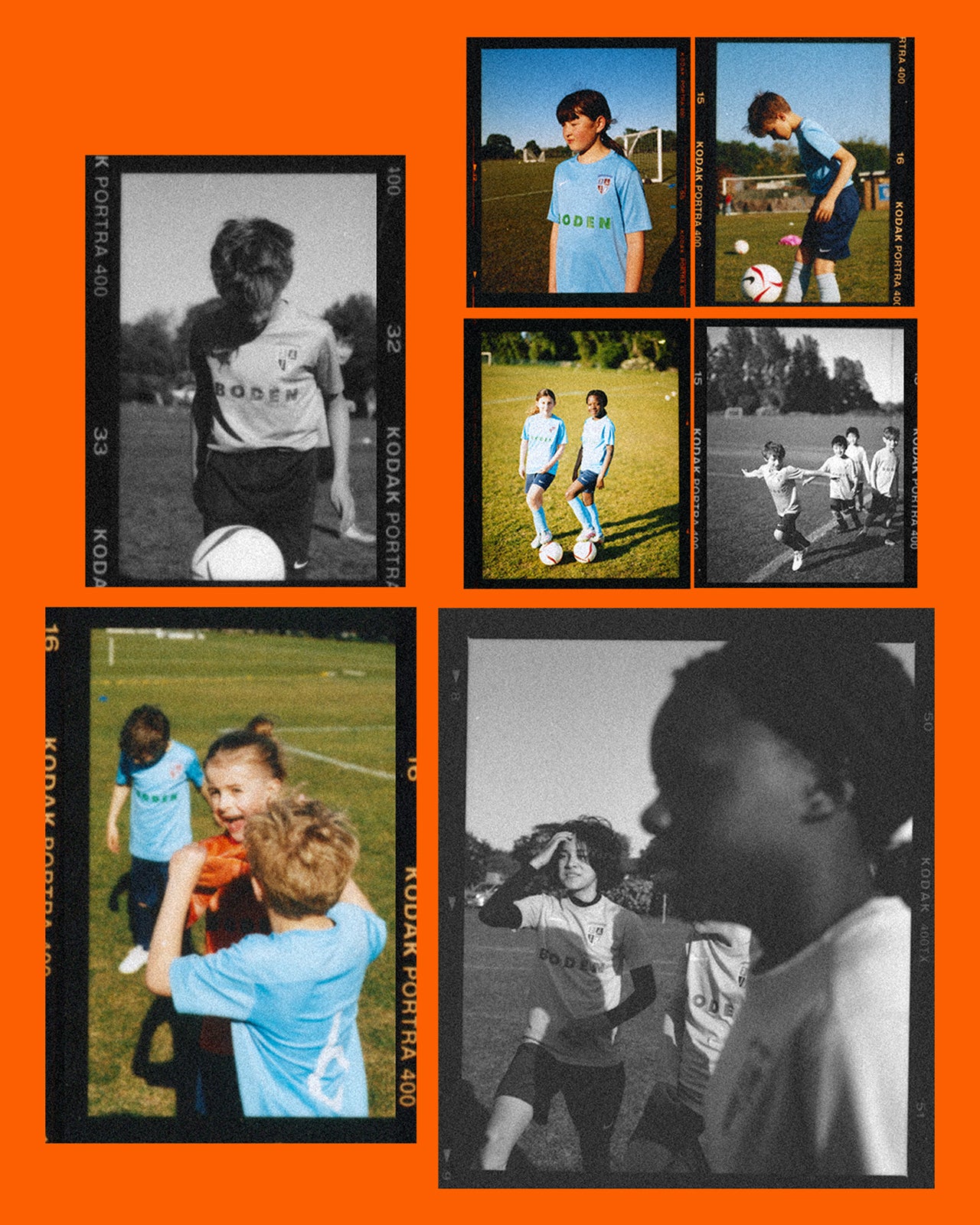 Collage of children playing soccer with vintage film effect on an orange background