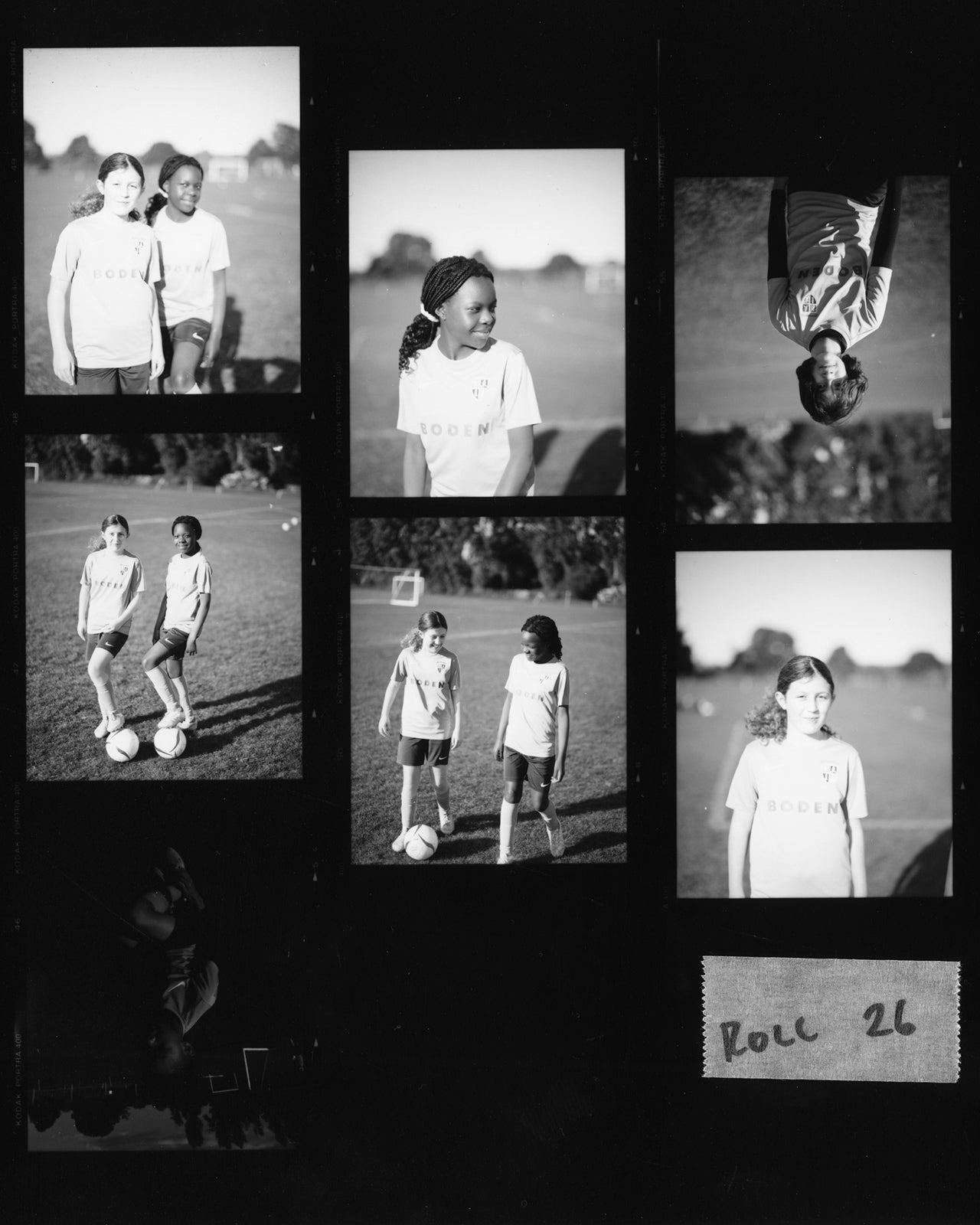 Collage of black and white photos of children playing soccer on a field.