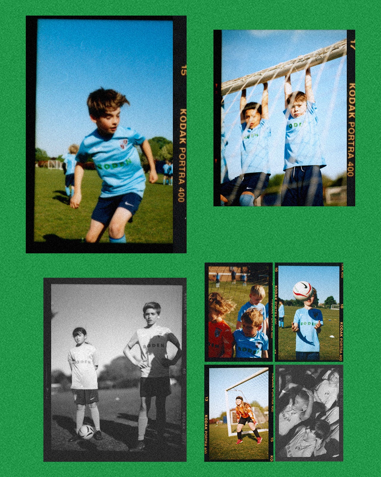 Collage of photos of a young boy playing soccer on a green background with Kodak branding.