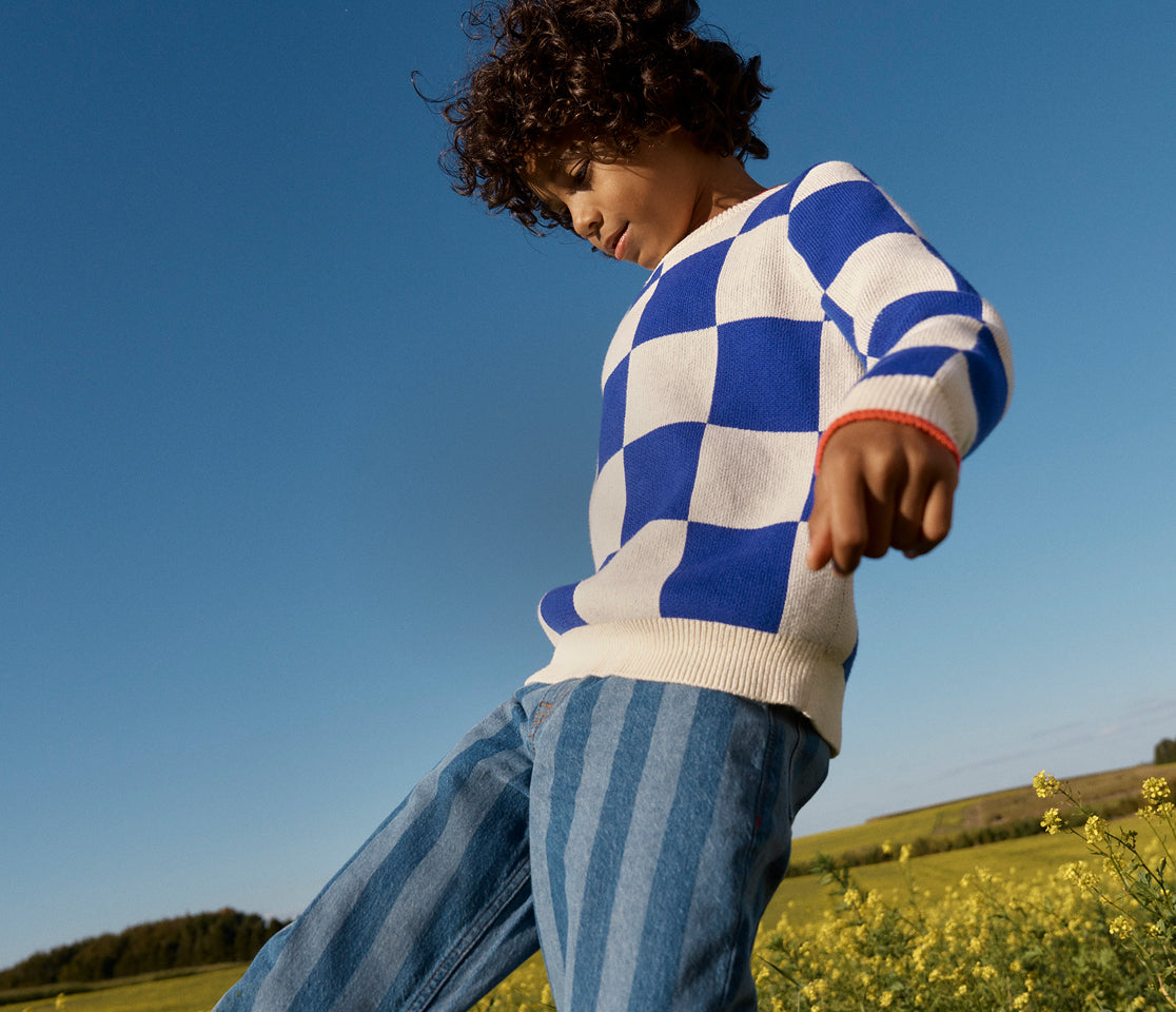 Person wearing a blue and white checkered sweater in a field with a clear blue sky.
