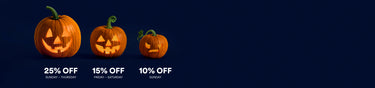 Three carved pumpkins with glowing orange faces sit side by side on the left against a dark navy blue background and white text. The pumpkins have different expressions, from a wide smile to a frown, with plenty of empty space on the right.