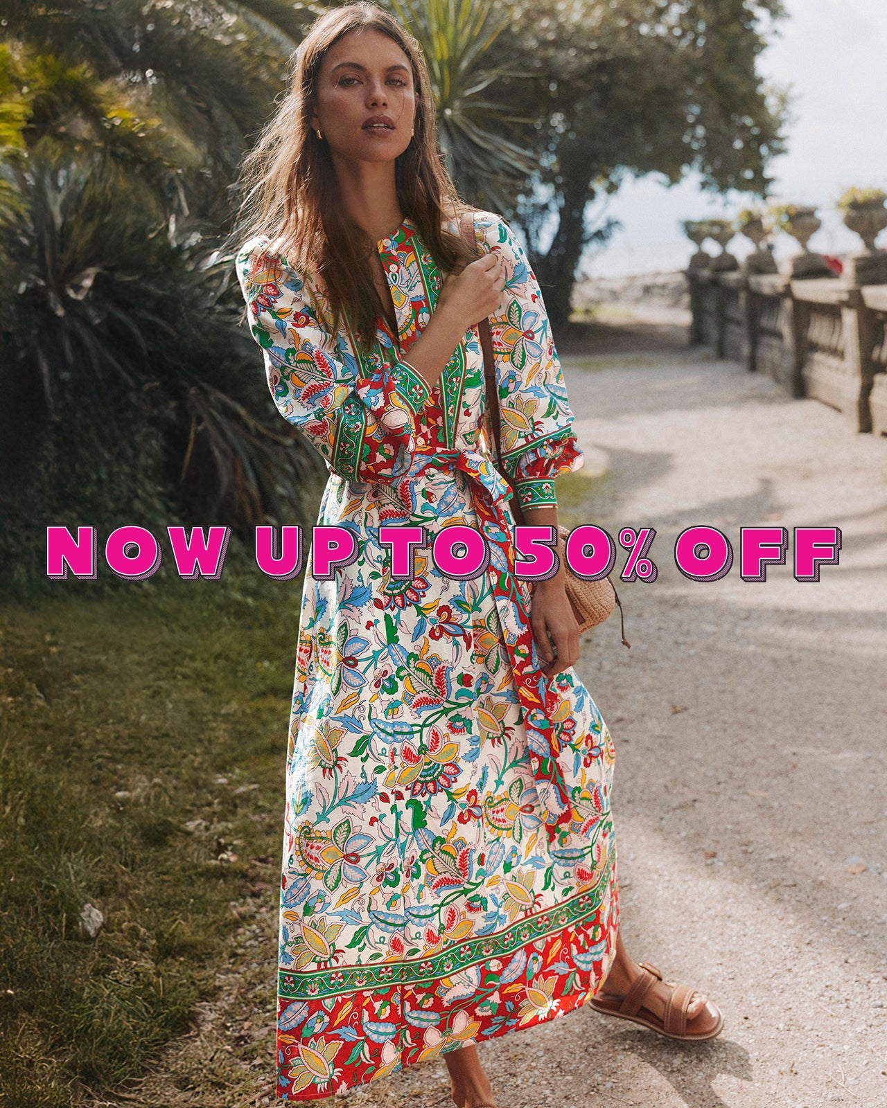 Woman in a colorful dress standing outdoors with promotional text overlay