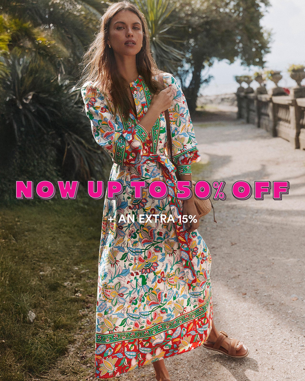 Woman in a colorful dress walking outdoors with promotional text overlay.