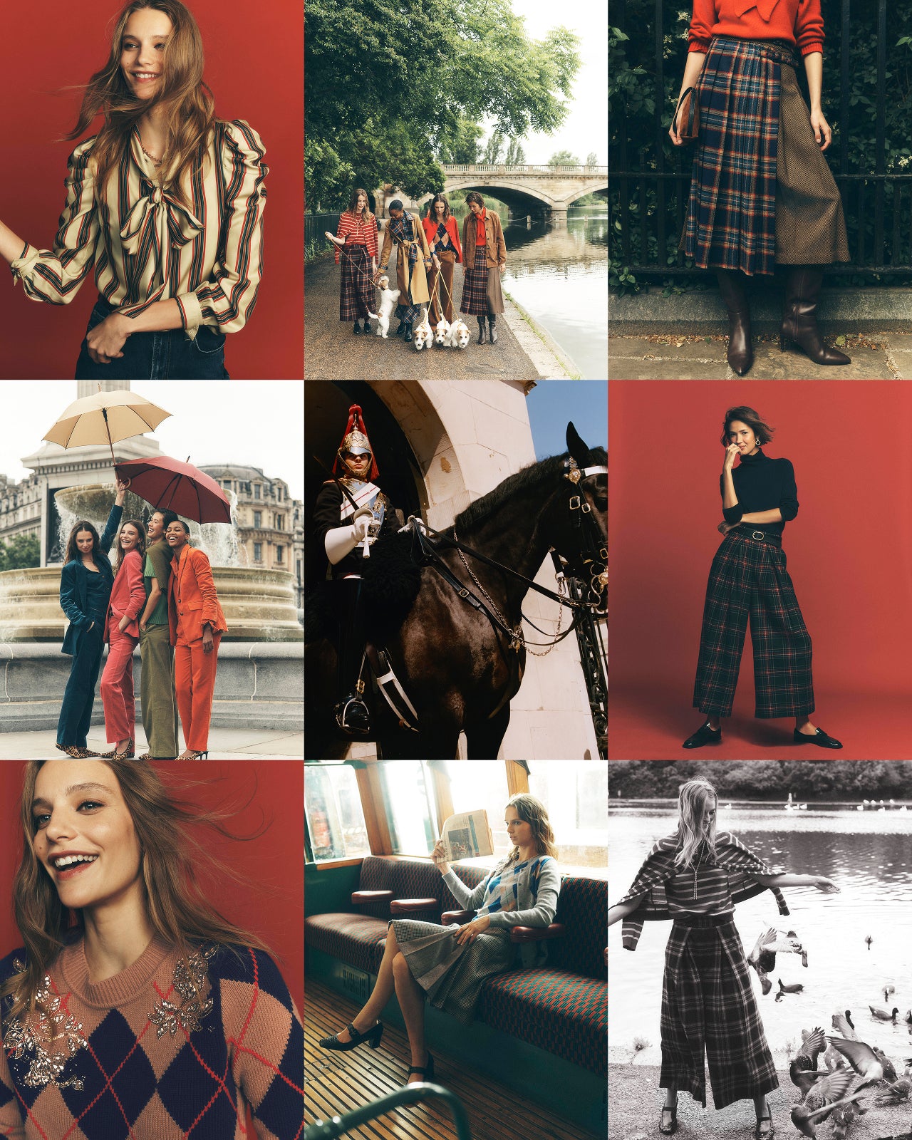 A 3x3 collage of fashion photos featuring women in plaid, striped, and solid outfits, with some images showing a red background and others in outdoor or interior settings.
