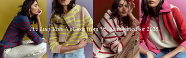 Four women wearing colorful knitted sweaters with text about a classic design reimagined.
