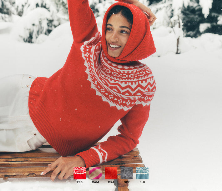 Women wearing red sweater in the snow