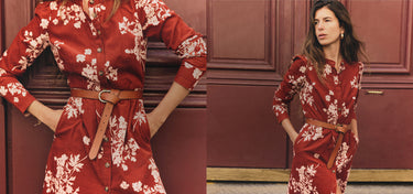 A woman wearing a red floral long-sleeve shirt dress with a brown belt, shown in two side-by-side views against a dark red paneled door.
