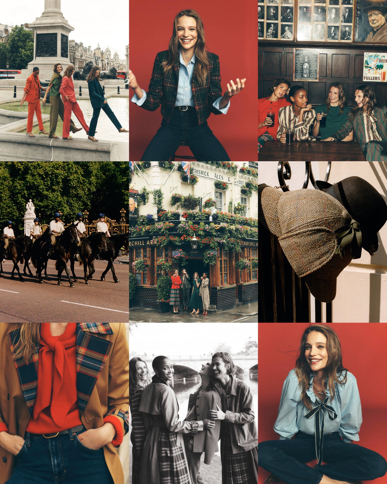 A 3x3 collage of fashion lifestyle photos featuring a woman in plaid and blue outfits, styled scenes with people, a hat on a mannequin, and urban street imagery, with a dominant red color theme.
