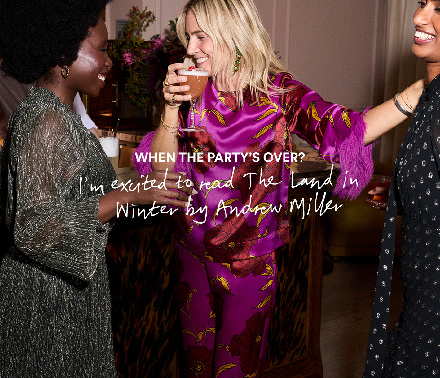 Three women at a party with text overlay about a book by Andrew 