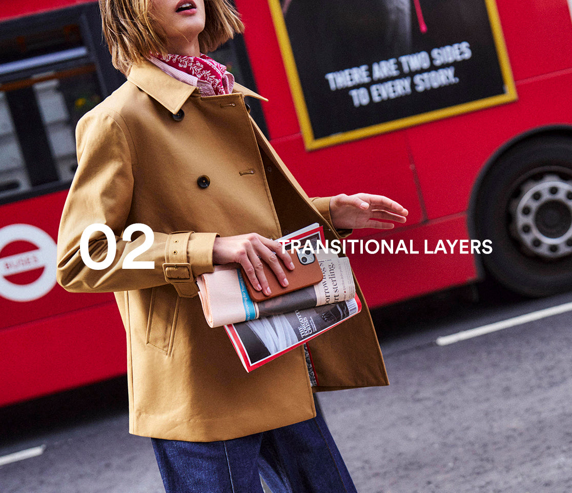 Person in a tan coat holding a clutch with a red bus in the background, featuring text about transitional layers.