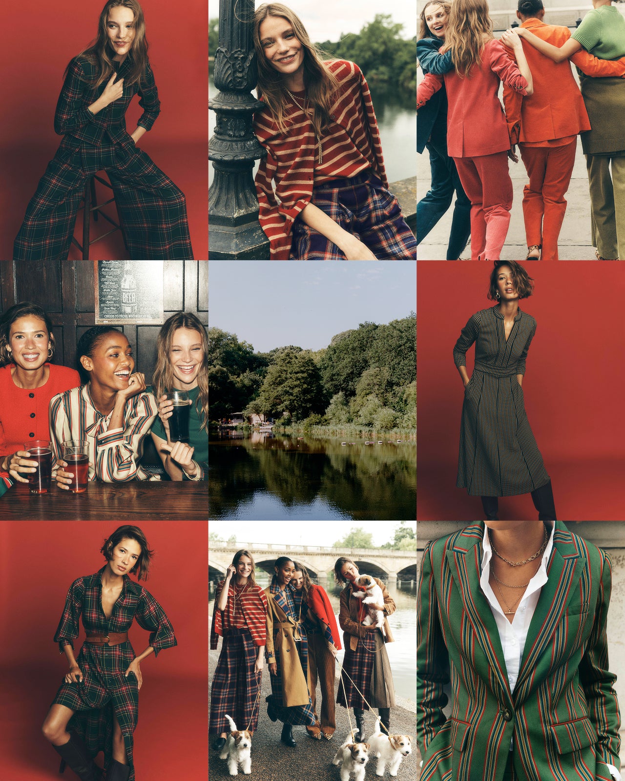 A 3x3 collage of fashion photos featuring models wearing coordinated outfits in red, plaid, striped, and green striped fabrics, with one landscape photo in the center and several red solid background panels.