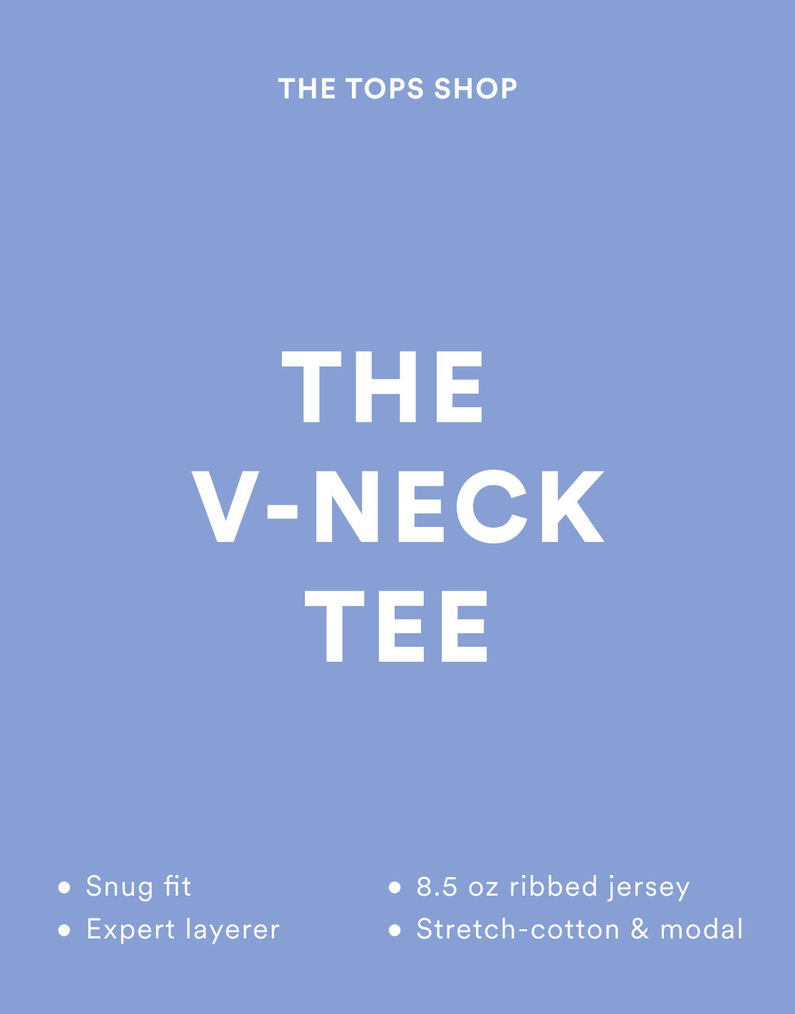 Promotional graphic for 'The V-Neck Tee' from The Tops Shop on a blue background.