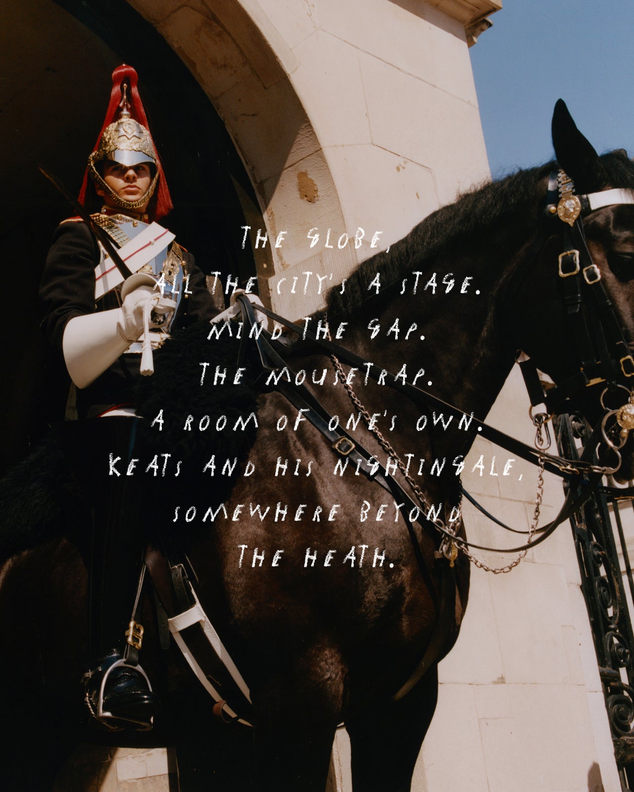 A mounted guard in ceremonial dress with a red-and-gold helmet stands beside a dark horse in front of a stone archway. White handwritten text overlays the center of the photo.
