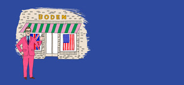 A stylized illustration of a person in a pink suit standing in front of a storefront with the word BODEN above it, set against a solid blue background.