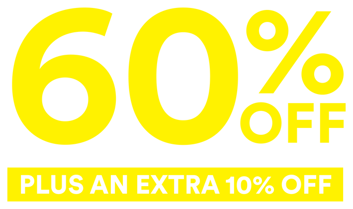 Promotional graphic with large yellow text reading '60% OFF' and a yellow banner below reading 'PLUS AN EXTRA 10% OFF' on a white background.