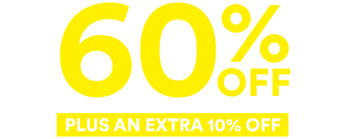 Promotional graphic with large yellow text reading '60% OFF' and a yellow banner below reading 'PLUS AN EXTRA 10% OFF' on a white background.
