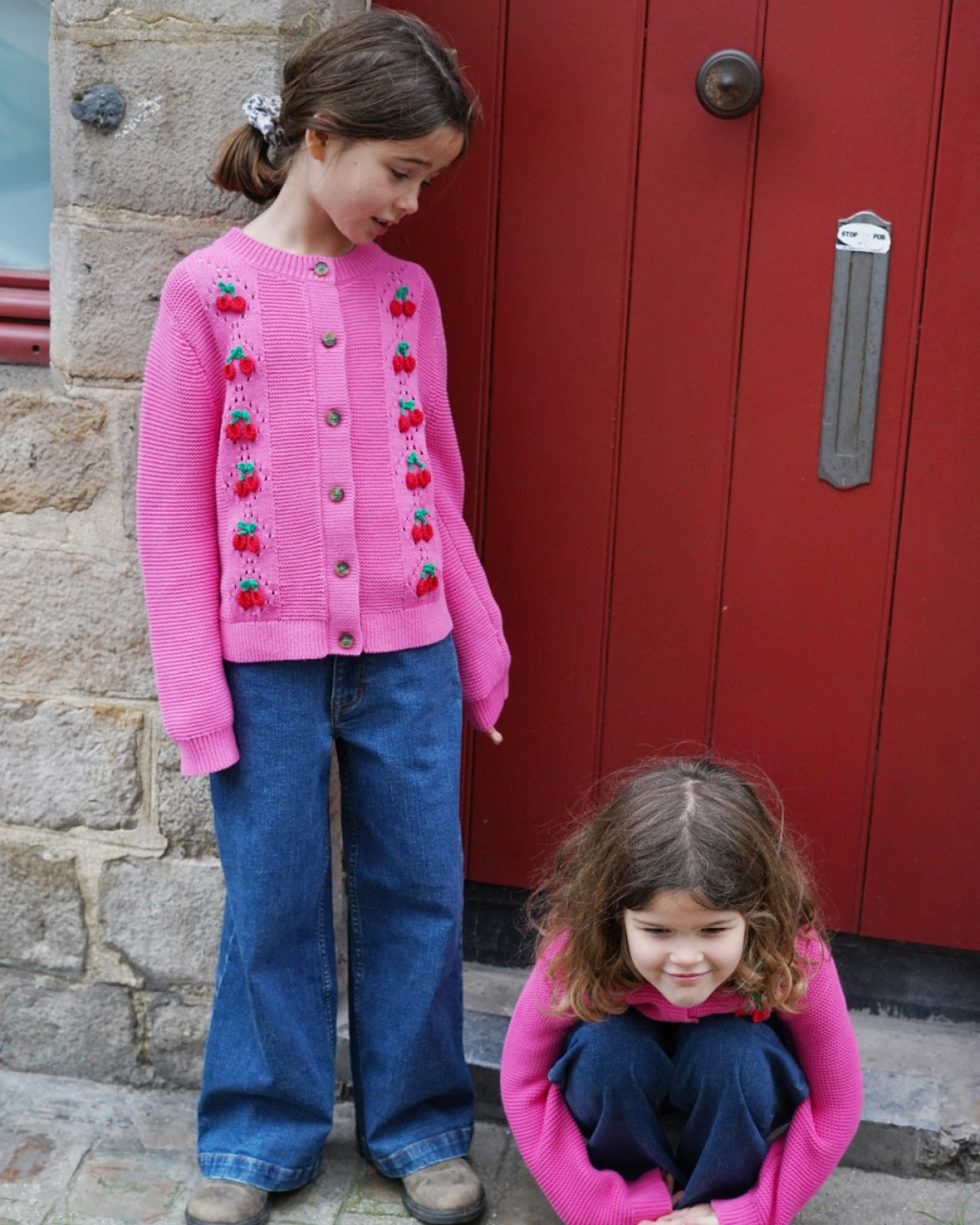 Girls wearing Embroidered Pointelle Cardigan-Rose Petal Pink Cherries