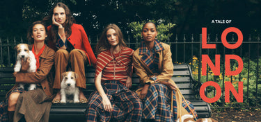 Four women seated on a bench in an outdoor park setting, styled with plaid and brown outfits, with two small dogs. Large red text on the right reads 'A TALE OF LONDON'.