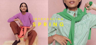 Two women in colorful outfits with 'Introducing Spring' text on a pink background