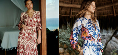 Two women wearing patterned dresses in outdoor settings.