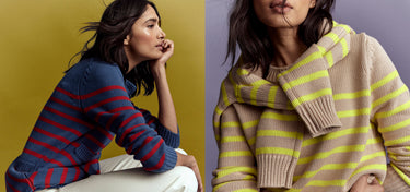 Two women wearing striped sweaters against different colored backgrounds.