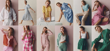 Grid of women wearing colorful outfits in a minimalistic setting