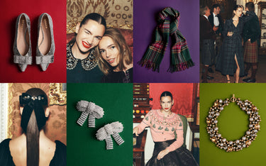 Festive fashion collage featuring embellished shoes, tartan scarf, jeweled hair bow, crystal bow accessories, statement necklace and party outfits