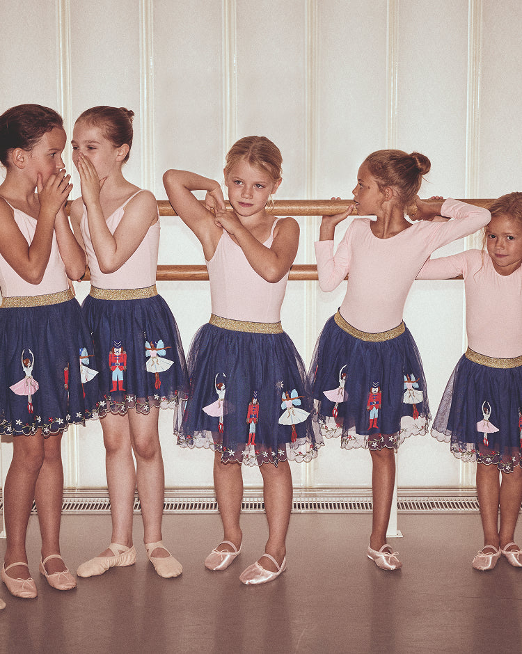 Group of young ballet dancers in a studio wearing matching outfits with skirts and tops.