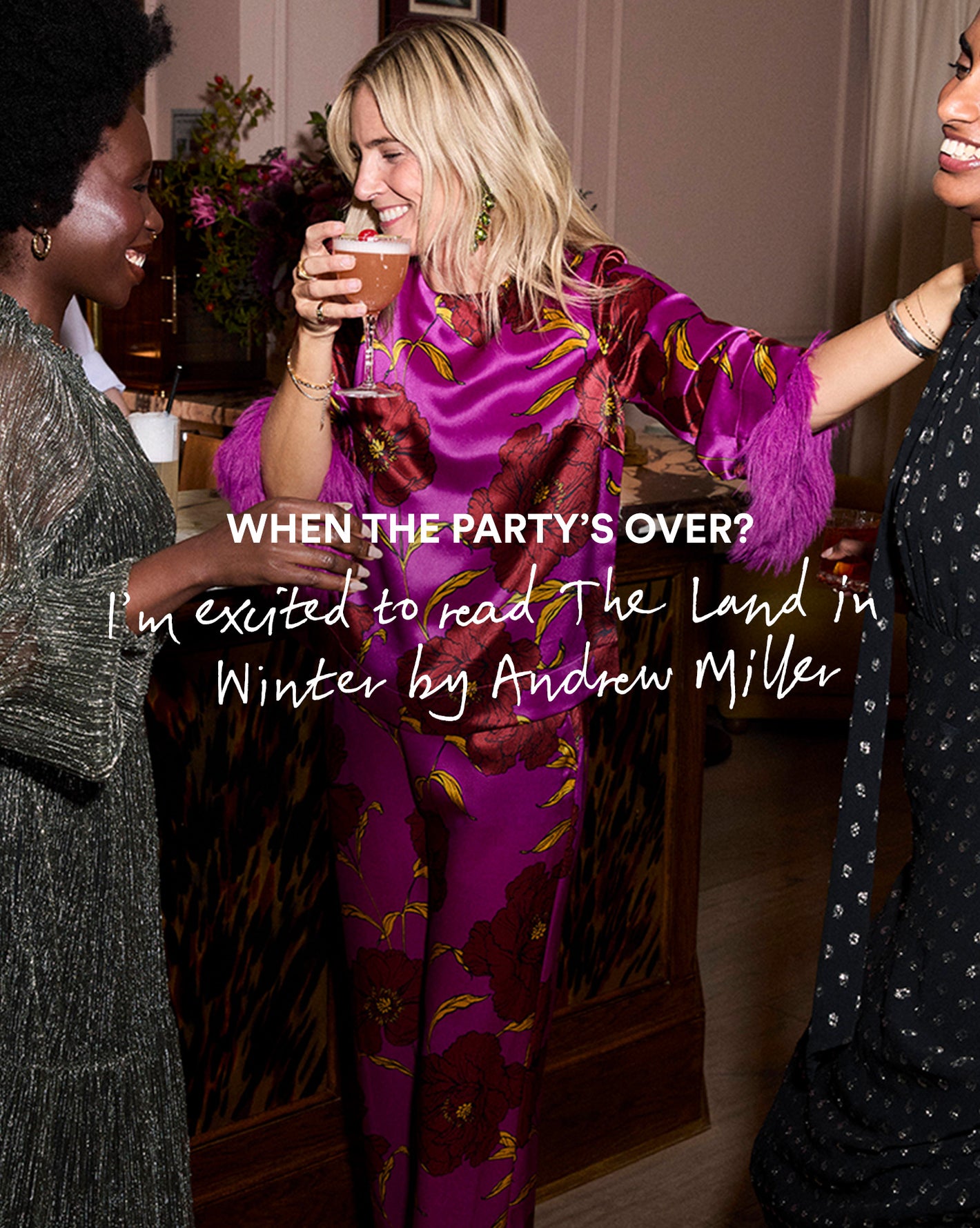 Three women at a party with text overlay about a book by Andrew 