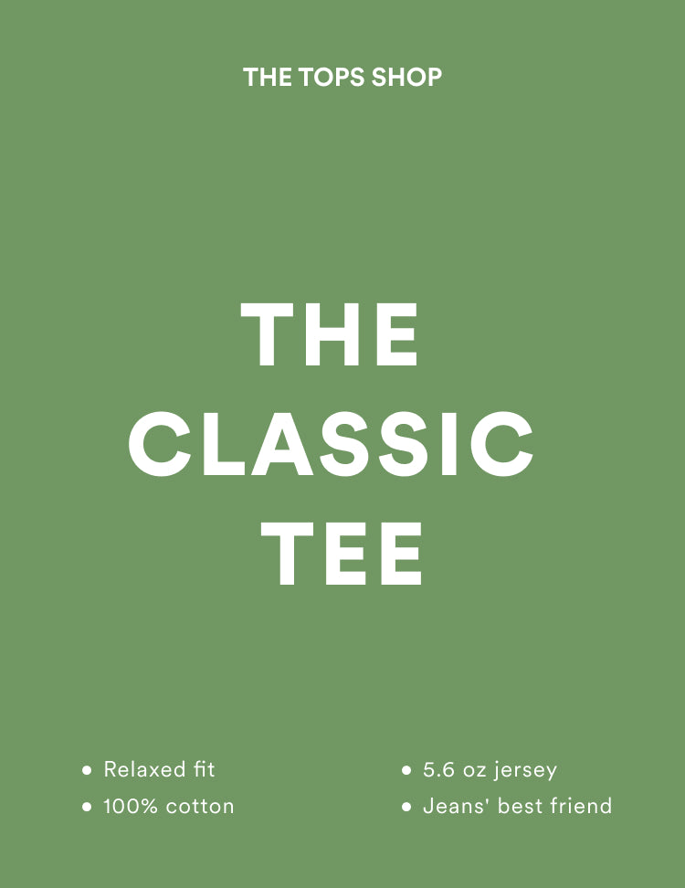 Green background with 'The Tops Shop' text and 'The Classic Tee' description.