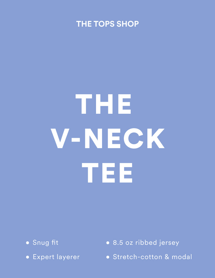 Promotional graphic for 'The V-Neck Tee' from The Tops Shop on a blue background.