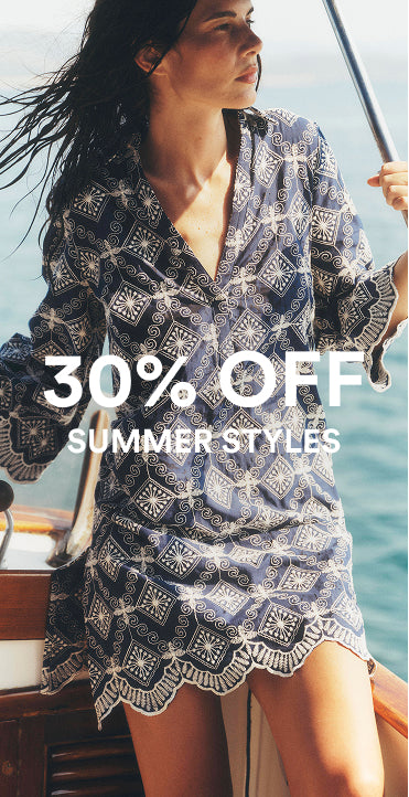 Woman in a patterned dress on a boat with '30% OFF Summer Styles' text overlay.