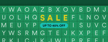 A green sale banner with a grid of white letters and a central blue badge reading 'UP TO 40% OFF' with 'SALE' in yellow above it.