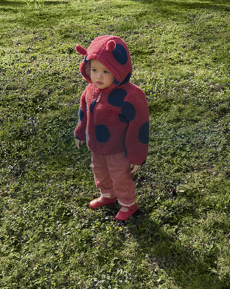 Child wearing a red and black ladybug costume standing on grass