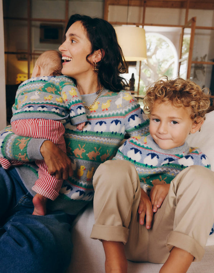 Family wearing matching Boden knitwear, linking to Fair Isle Sweater - Multi Easter Fair Isle