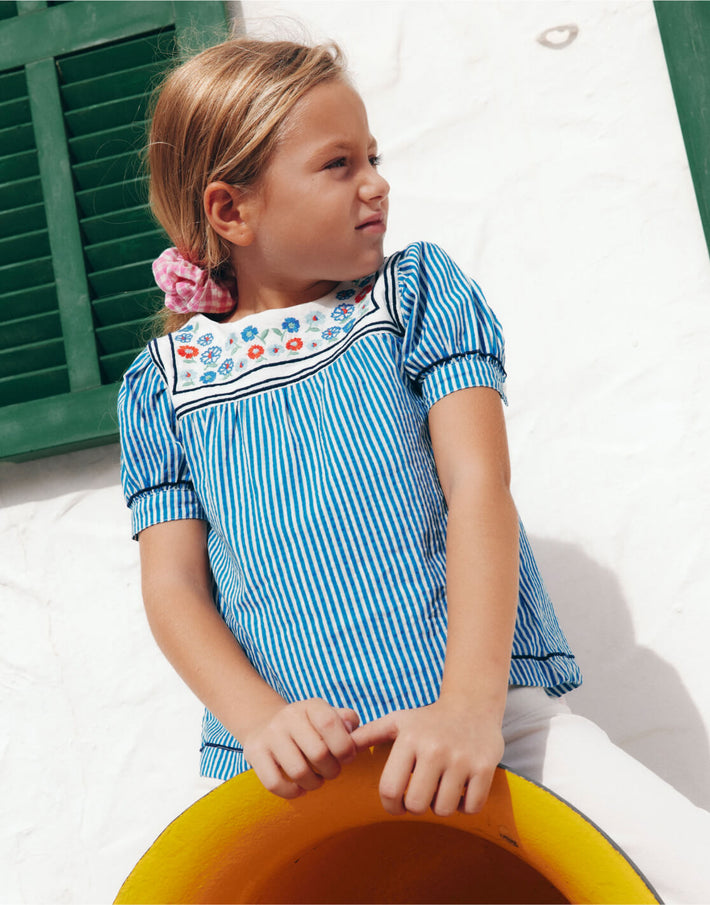 Girl wearing Boden, linking to Puff Sleeve Sailors Top - Peacock Plume/Ivory Stripe