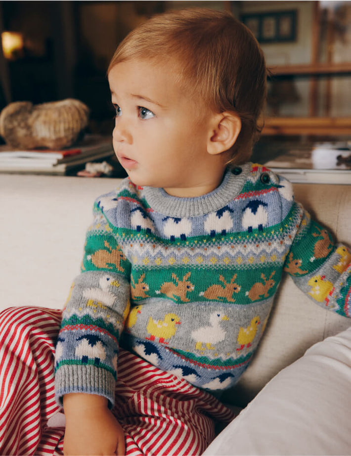 Baby wearing Boden knitwear, linking to Fair Isle Sweater - Multi Easter Fair Isle