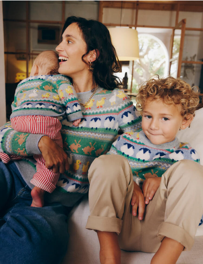 Family wearing matching Boden knitwear, linking to Fair Isle Sweater - Multi Easter Fair Isle