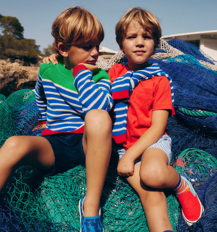 Two boys wearing Boden on a boat