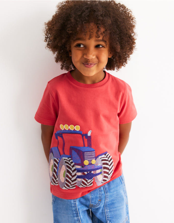 Boy wearing Boden t-shirt, linking to Superstitch T-Shirt -Strawberry Tart Red Tractor