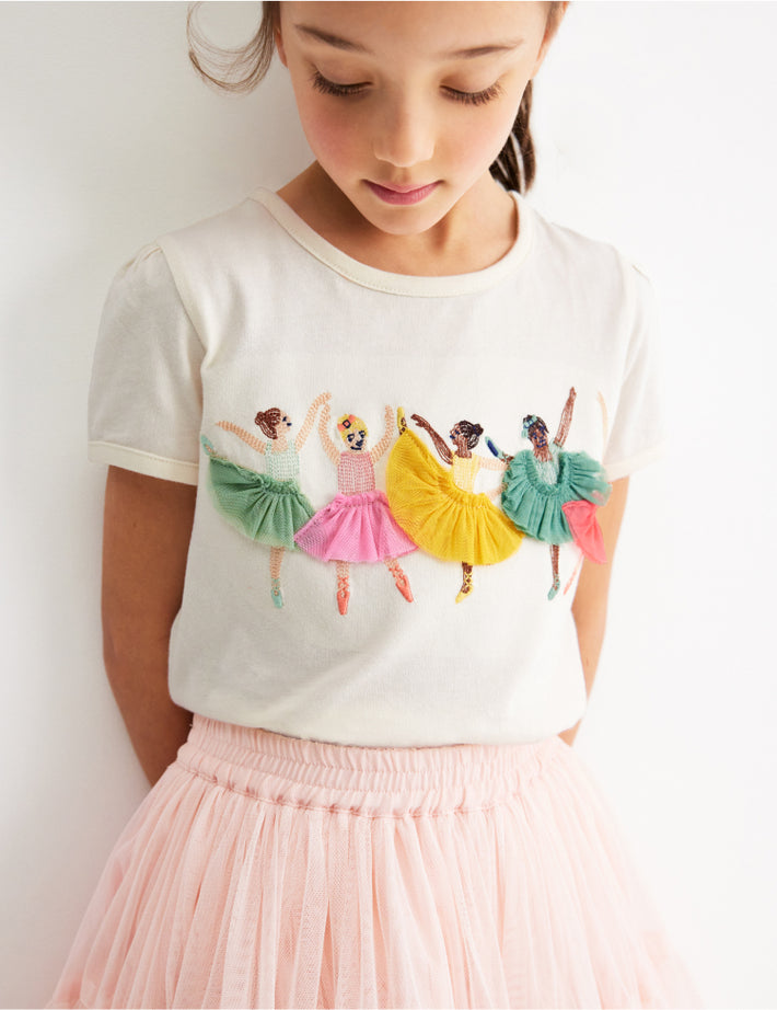 Girl wearing Boden t-shirt, linking to Puff Sleeve Superstitch Top - Ivory Ballerinas