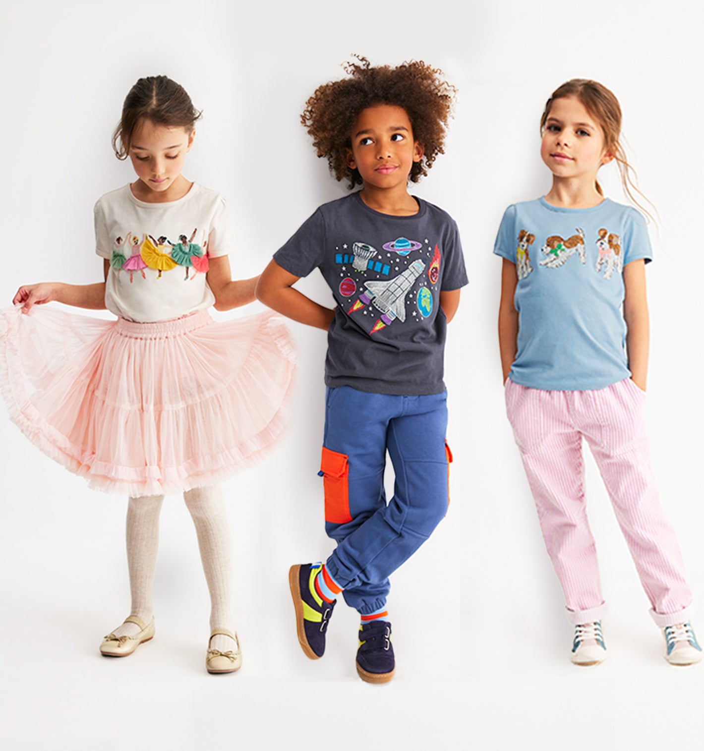 Three children wearing different Boden superstitch t-shirts