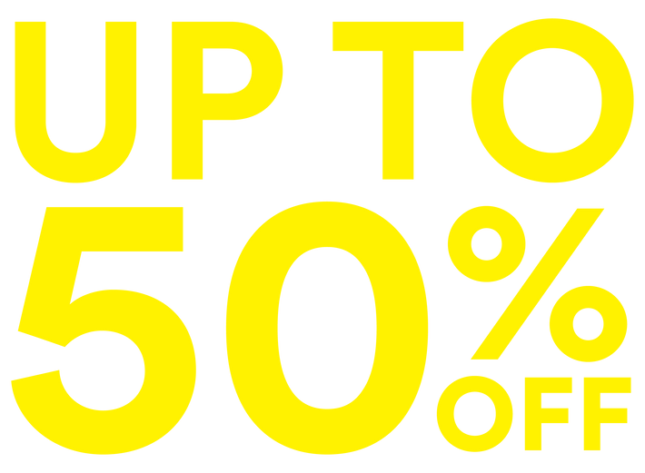 Promotional text 'UP TO 50% OFF' in bright yellow on a white background