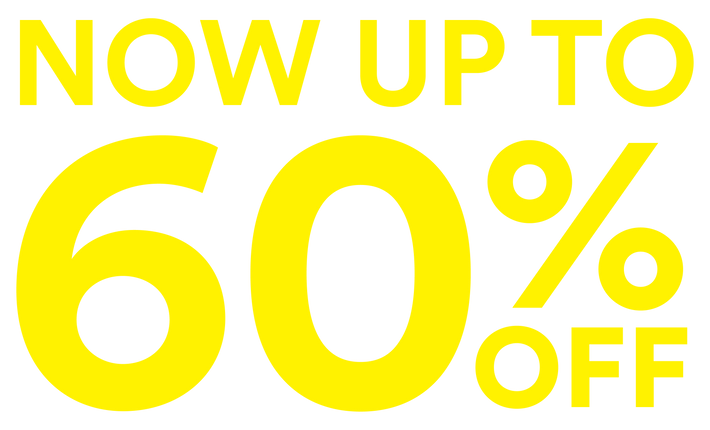 Promotional text indicating 'Now up to 60% off' in yellow on a white background