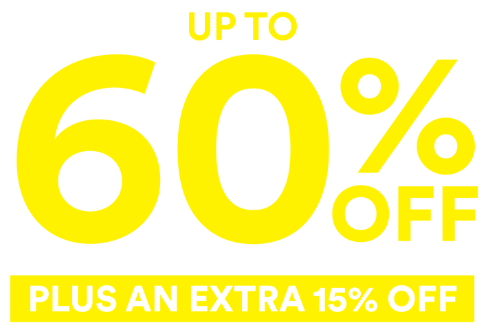 Promotional text indicating up to 60% off with an additional 10% off on a white background.