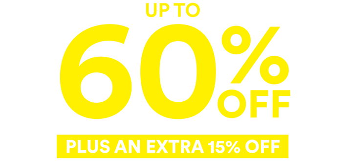 Promotional text indicating up to 60% off plus an extra 15% off on a white background.