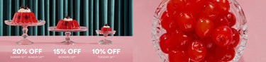 Decorative jelly display with discounts on a pink background
