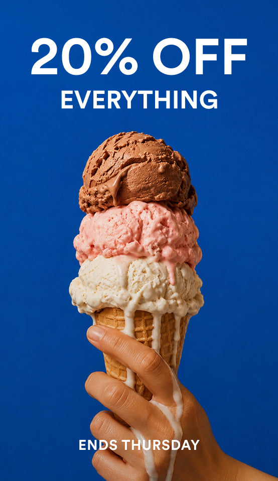 A hand holding a three-scoop ice cream cone against a solid blue background, with promotional text reading '20% OFF EVERYTHING' at the top and 'ENDS SUNDAY' at the bottom.