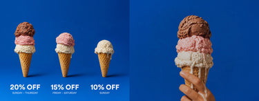 Three ice cream cones on a blue background with discount text, plus a hand holding a large double-scoop ice cream cone on the right.