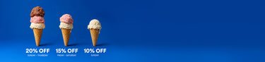 Three ice cream cones on a solid blue background with promotional text offering 20% off, 15% off, and 10% off.